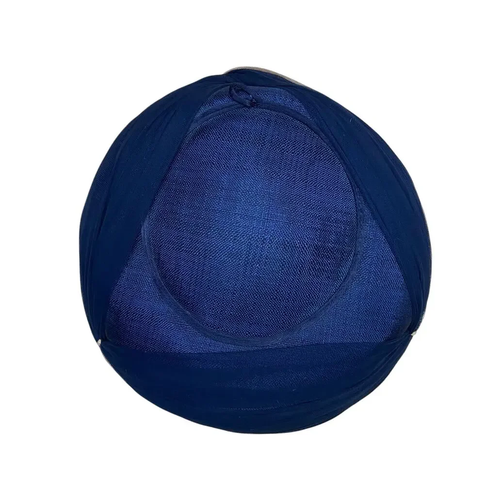 Vintage 1950s Navy Blue Saucer Hat Chiffon Rhinestone Tilt Hat - Picture 5 of 6